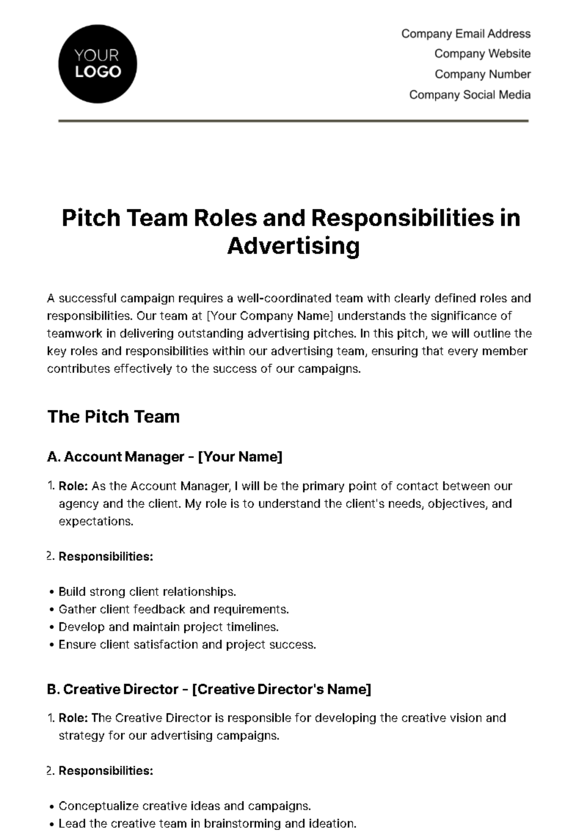 Pitch Team Roles And Responsibilities In Advertising Template - Edit 