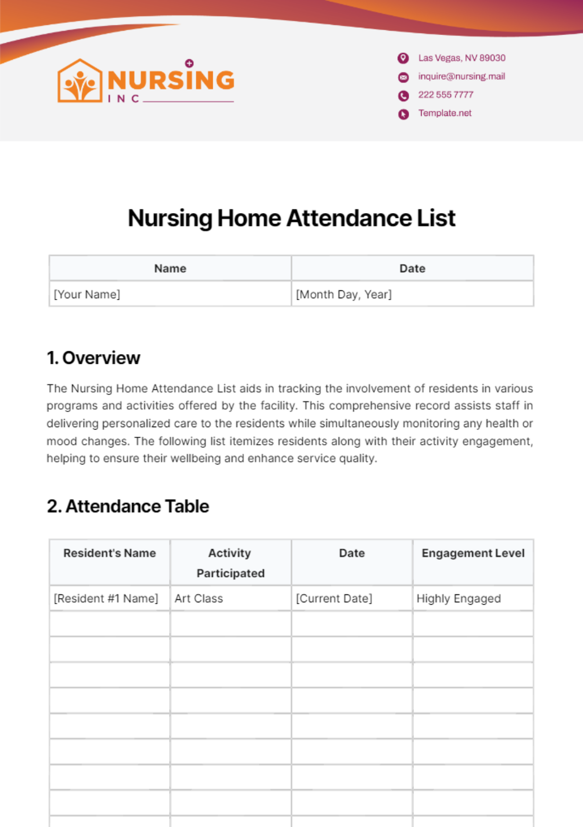 Nursing Home Attendance List Template