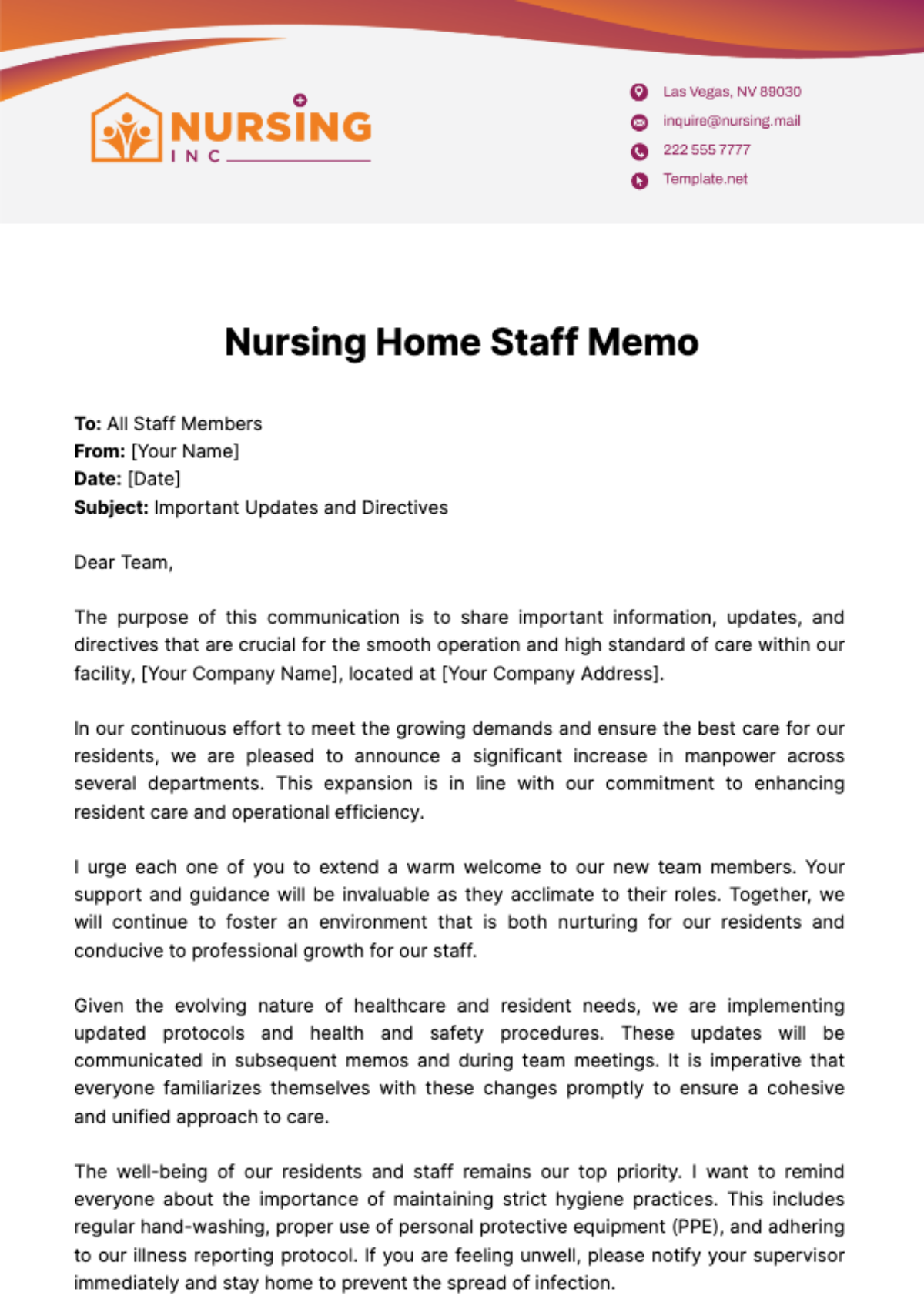 Nursing Home Staff Memo Template