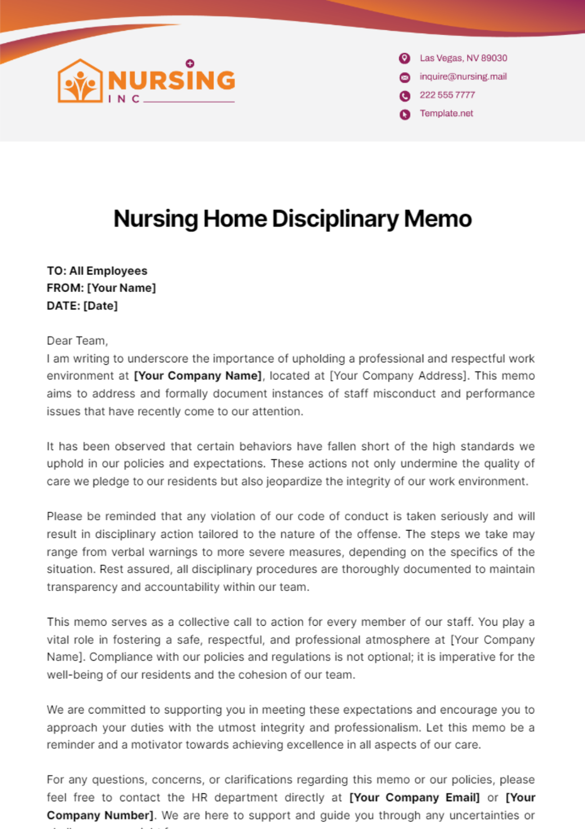 Nursing Home Disciplinary Memo Template