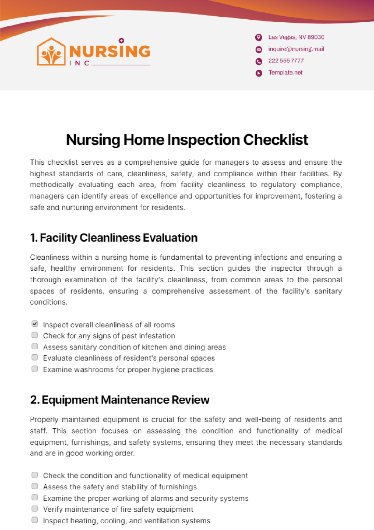 Nursing Home Inspection Checklist Template