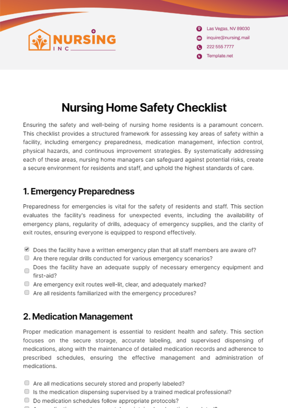 Nursing Home Safety Checklist Template