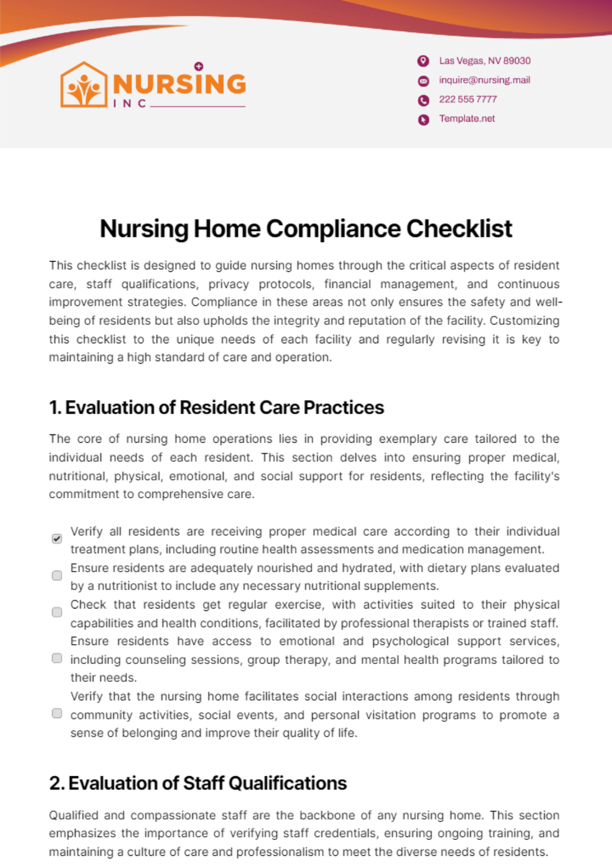 Nursing Home Compliance Checklist Template