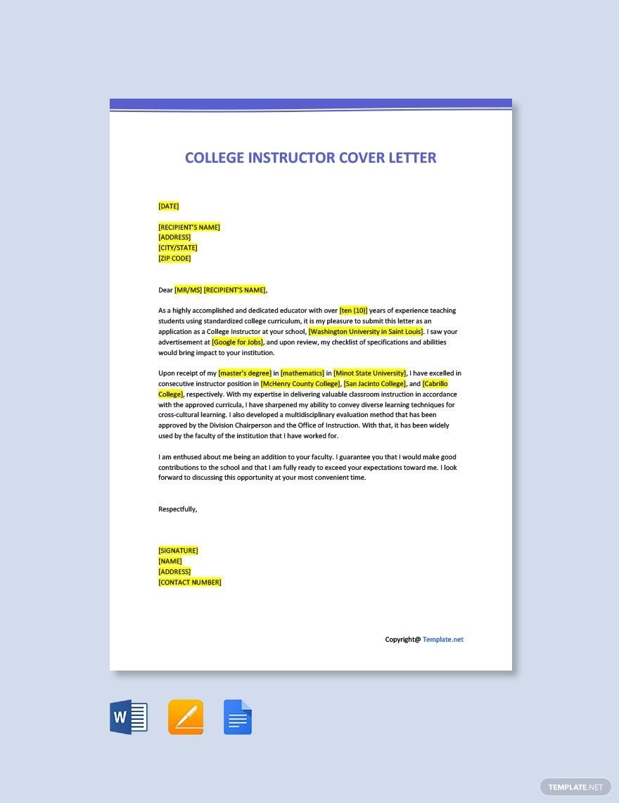 College Instructor Cover Letter Template