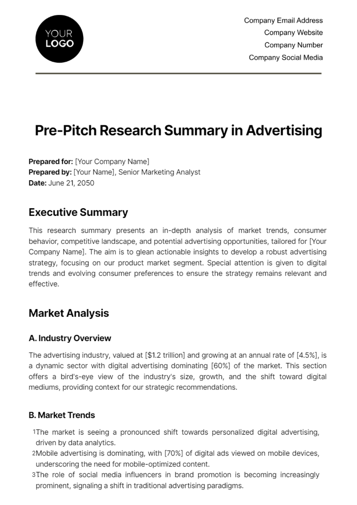 Free Pre-Pitch Research Summary in Advertising Template