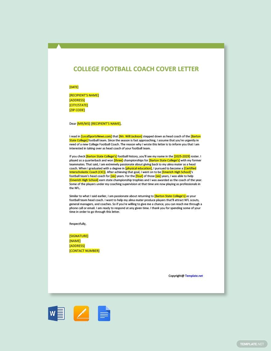 College Football Coach Cover Letter In Google Docs Word Pages PDF 