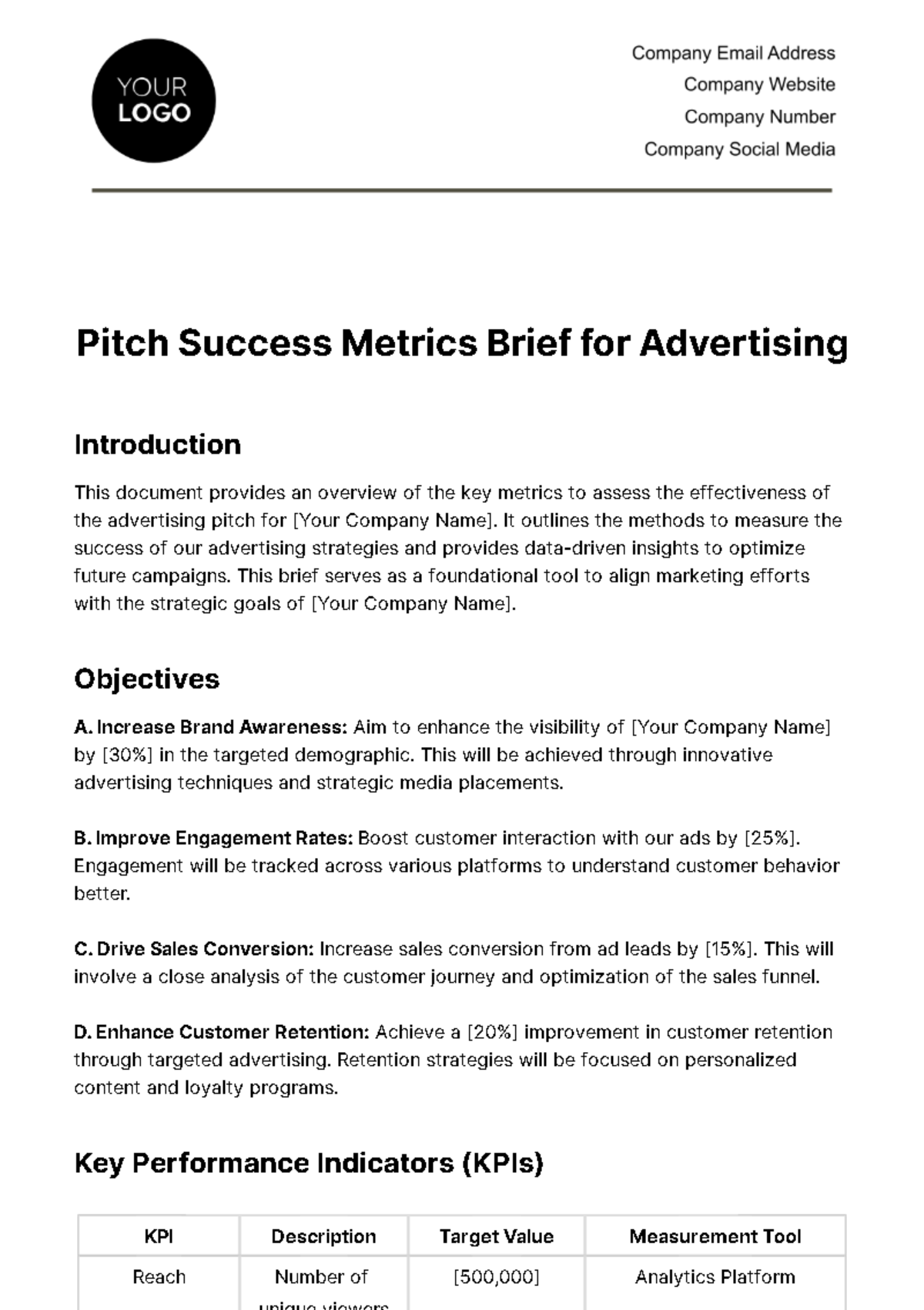 Pitch Success Metrics Brief for Advertising Template