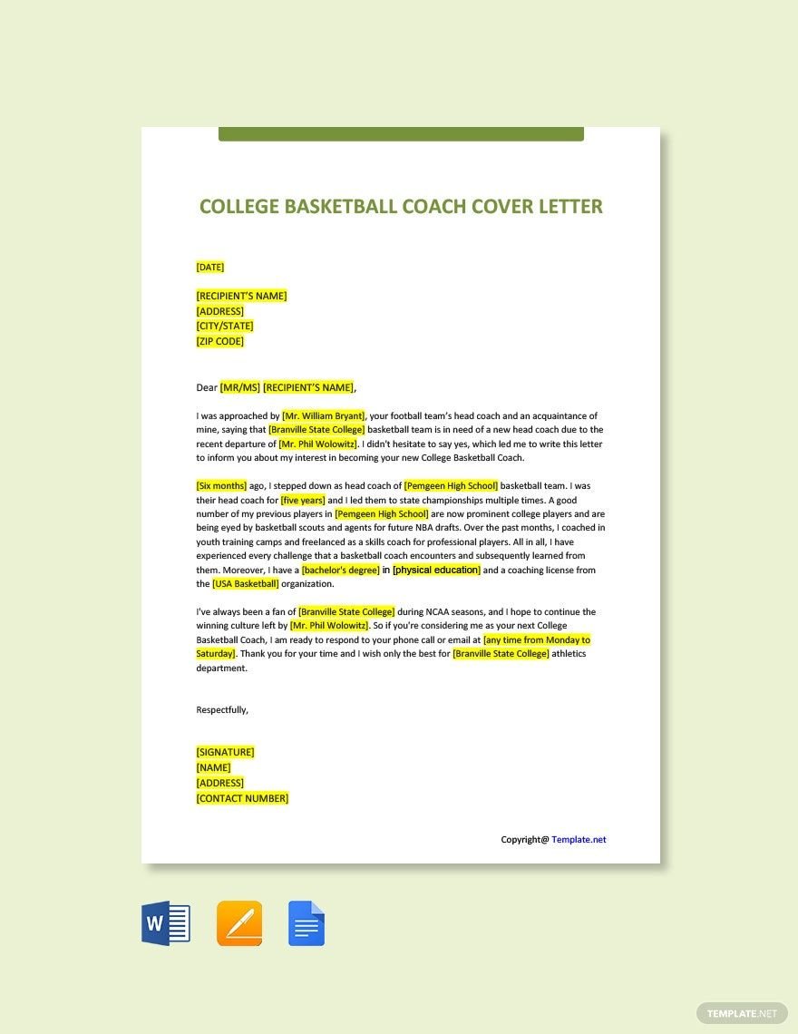 College Basketball Coach Cover Letter