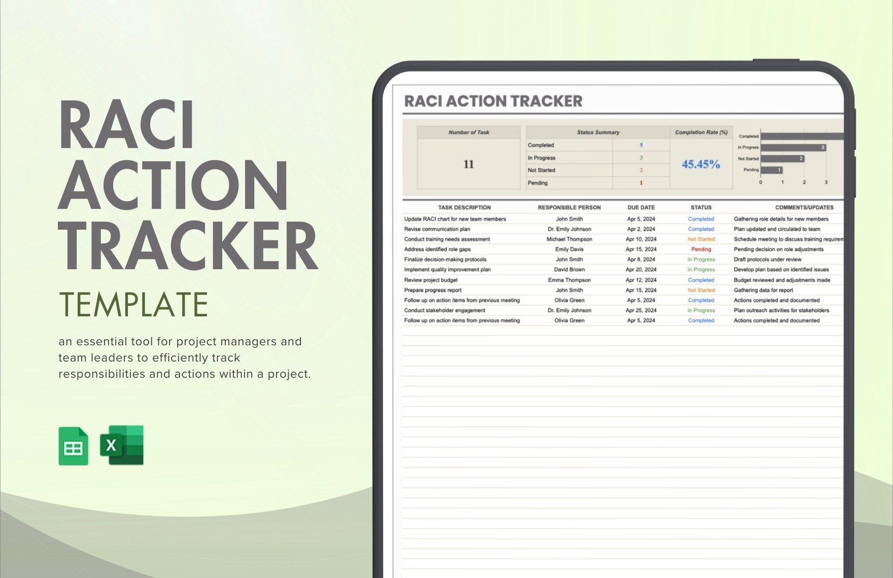RACI Action Tracker Template in Excel, Google Sheets