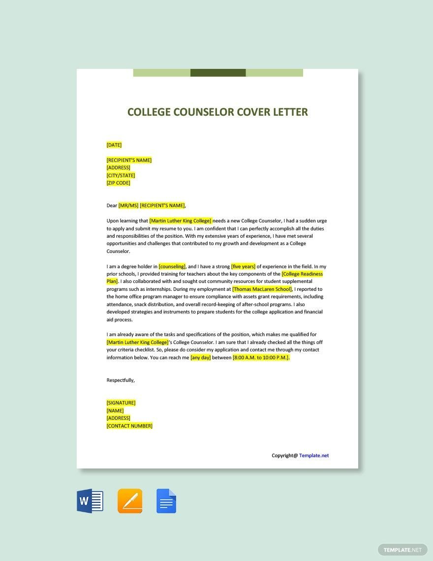 College Counselor Cover Letter in Word, Google Docs, PDF, Apple Pages