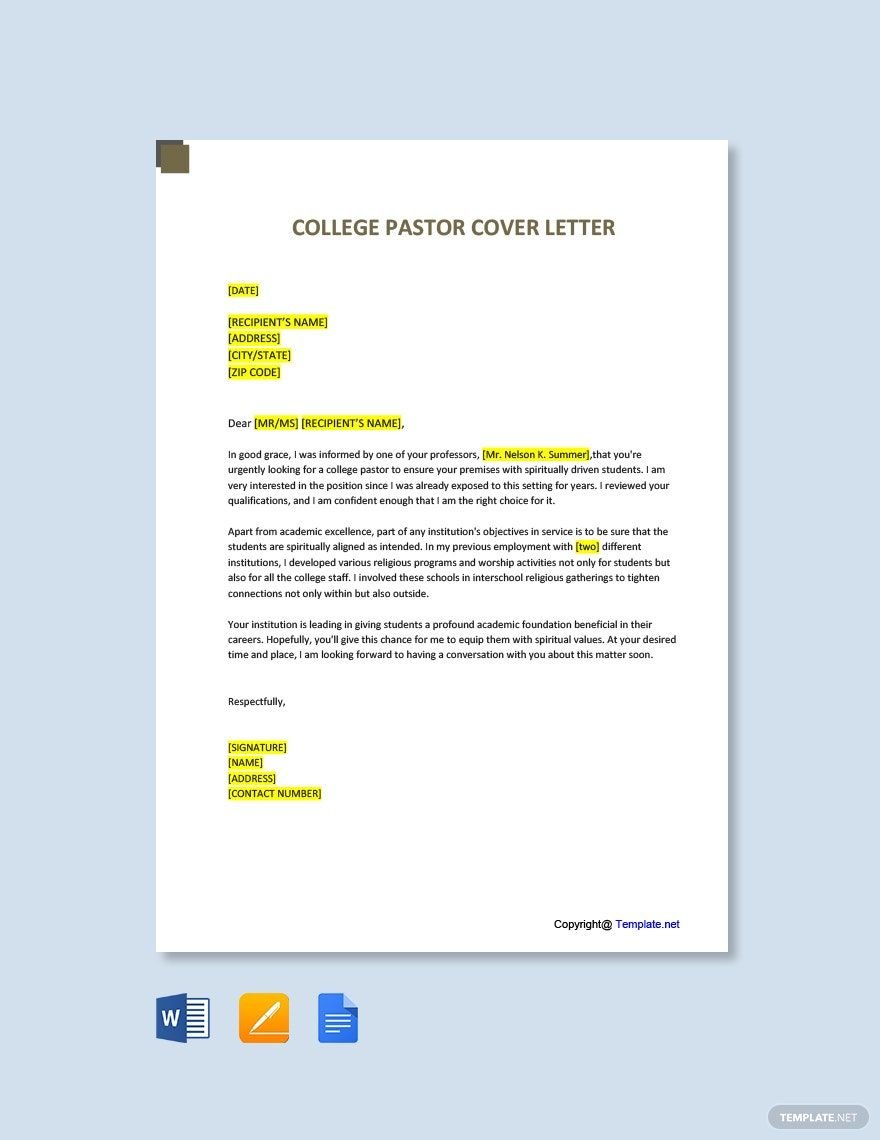 College Pastor Cover Letter in Word, Google Docs, PDF, Apple Pages