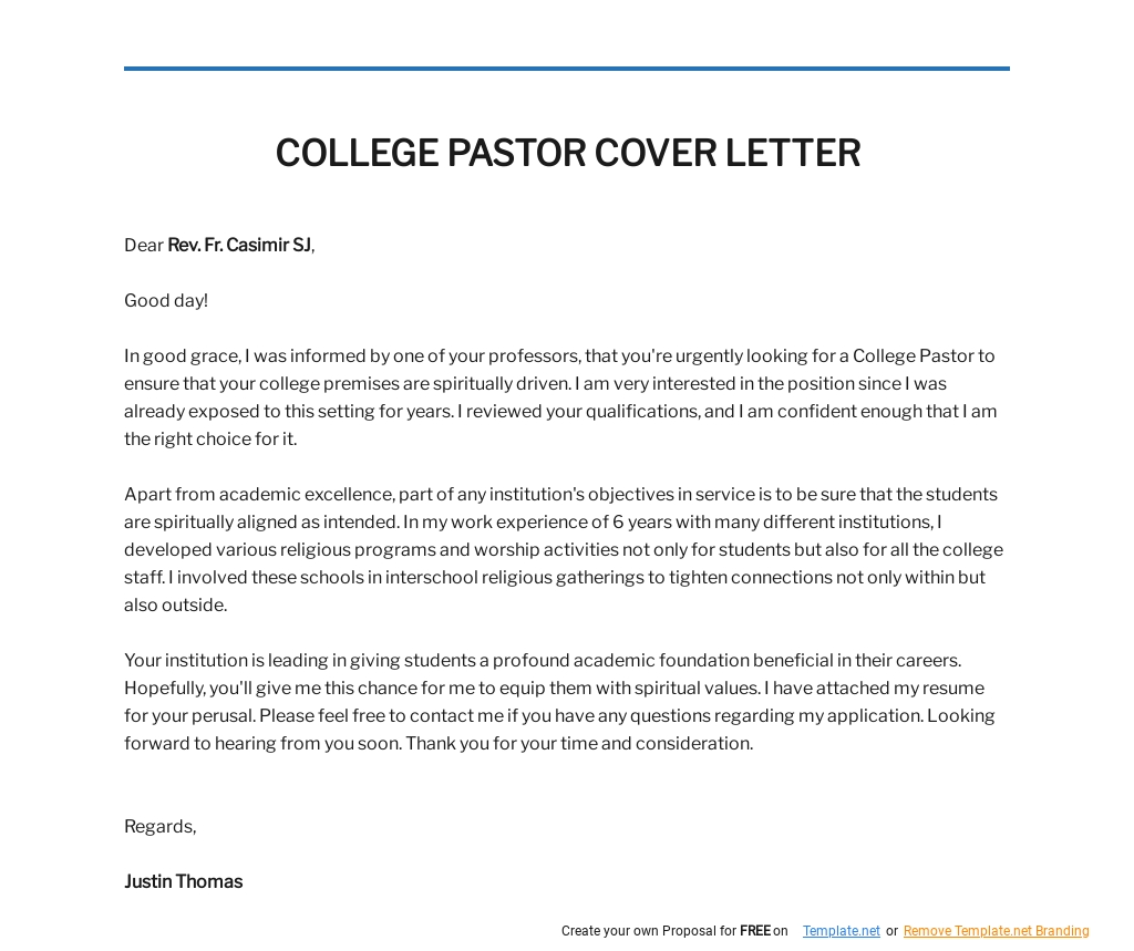 Free College Pastor Cover Letter Template.jpe