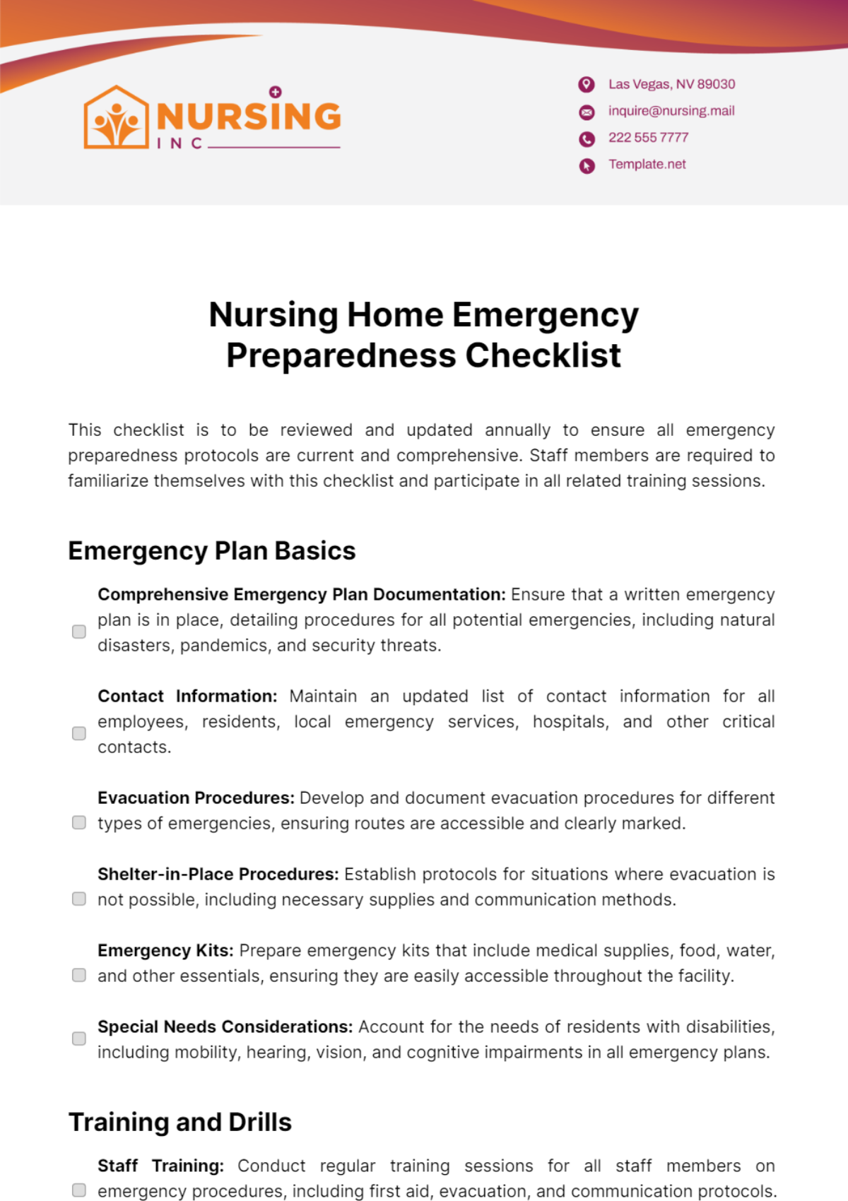 Nursing Home Emergency Preparedness Checklist Template