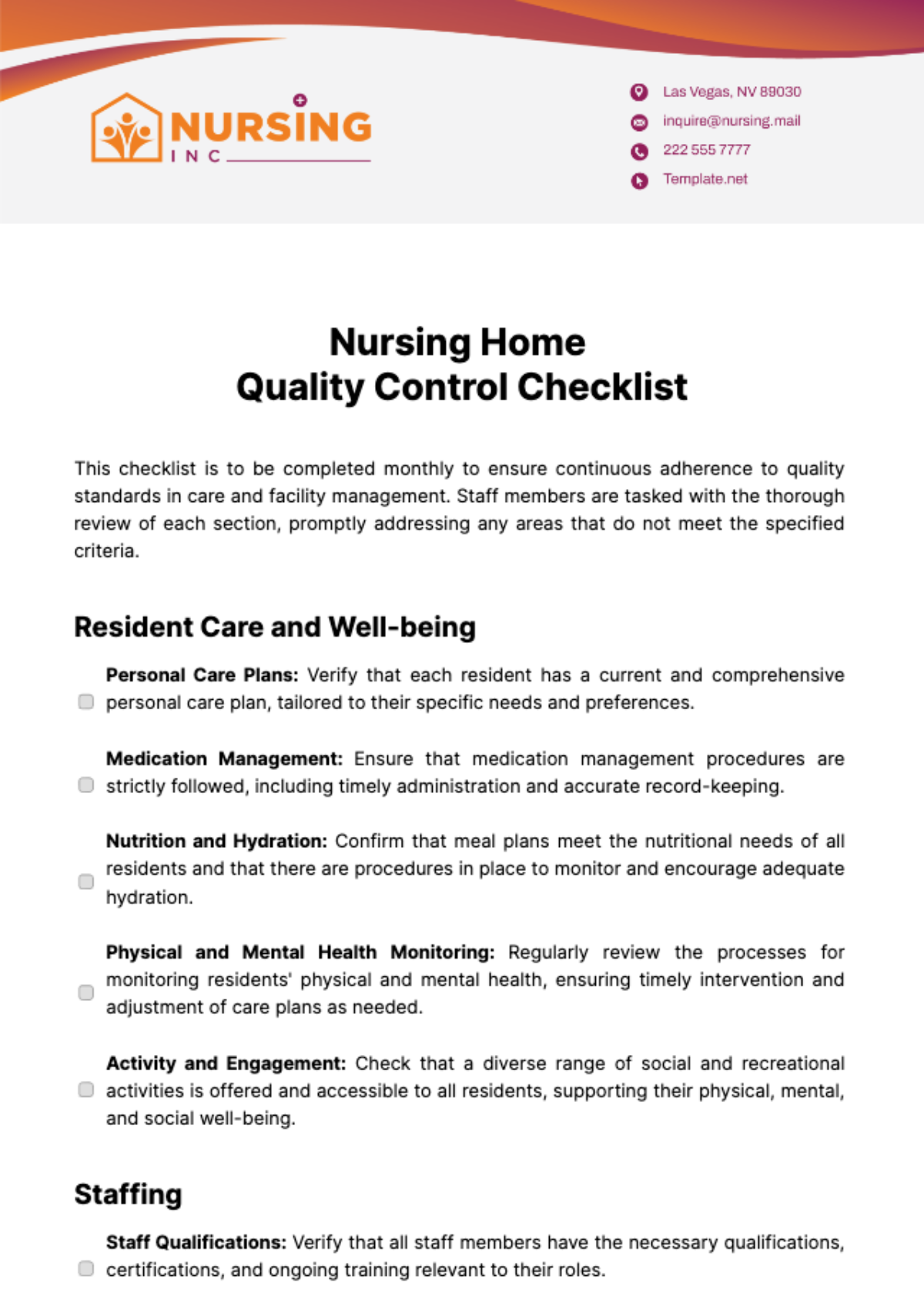 Nursing Home Quality Control Checklist Template