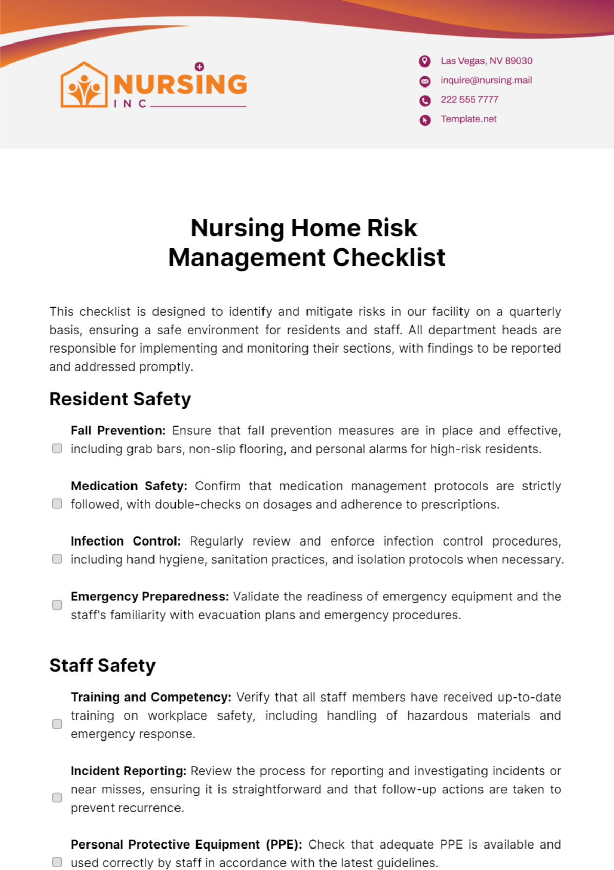 Nursing Home Risk Management Checklist Template