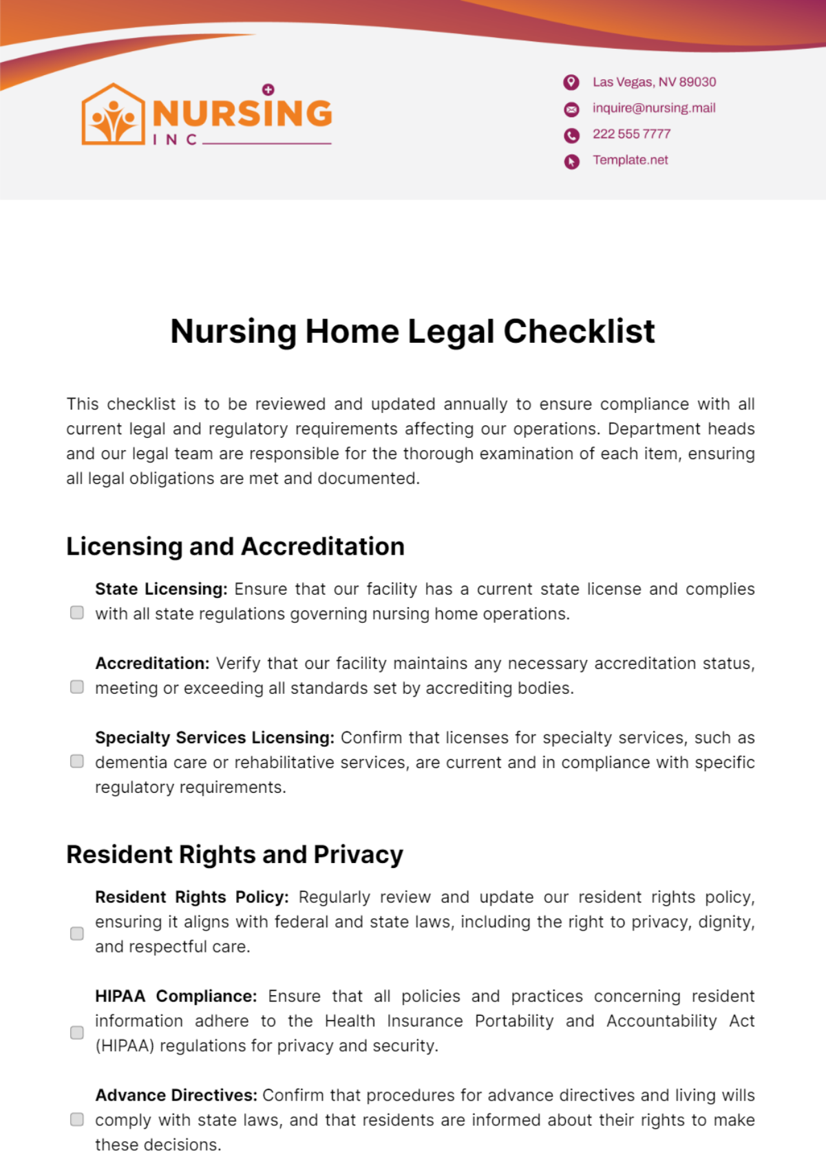 Nursing Home Legal Checklist Template