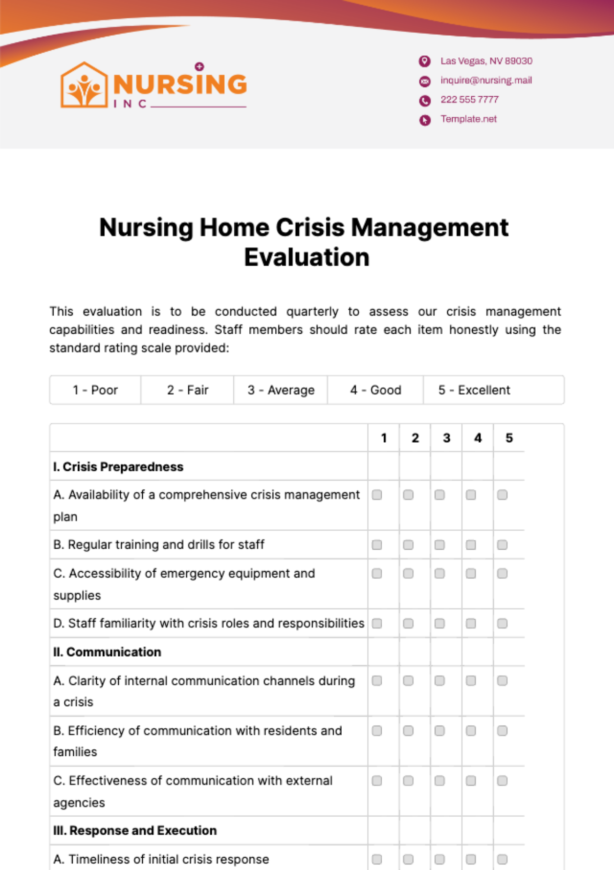 Nursing Home Crisis Management Evaluation Template