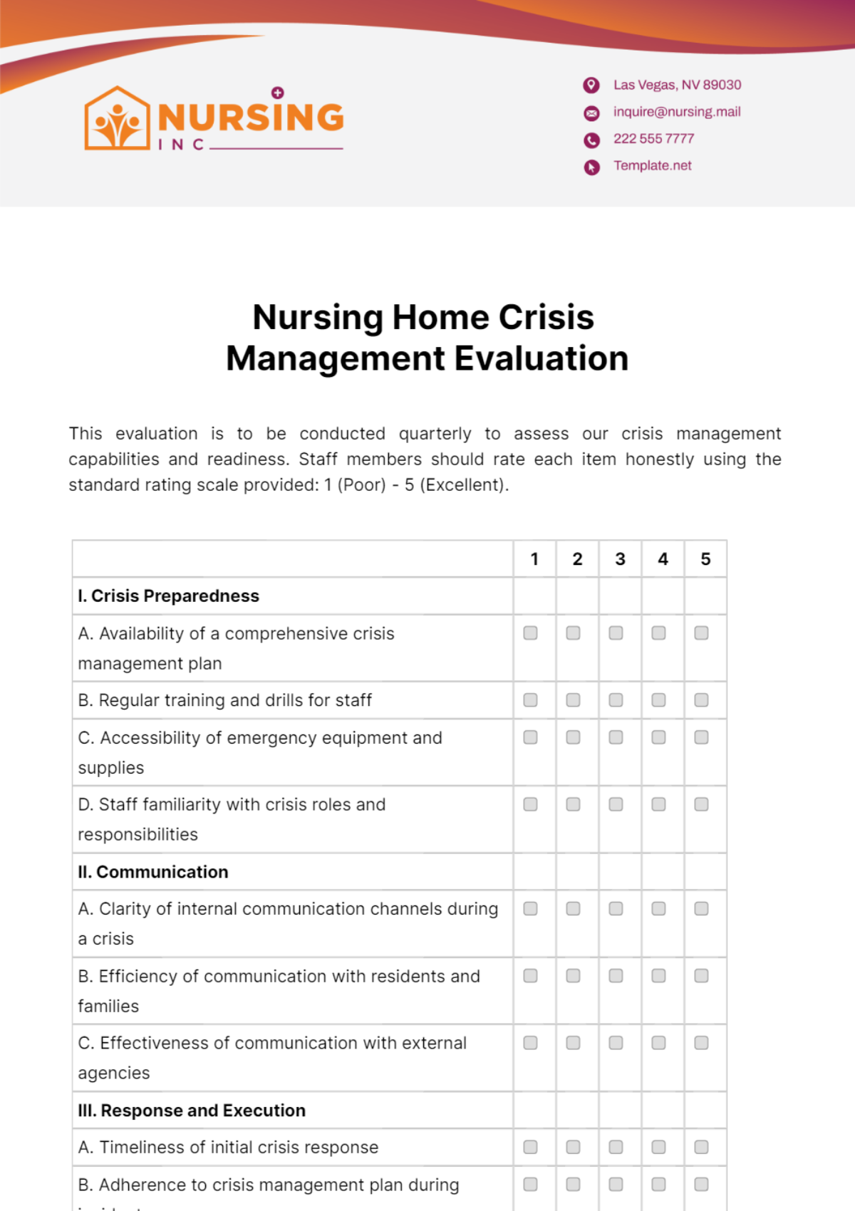 Nursing Home Crisis Management Evaluation Template
