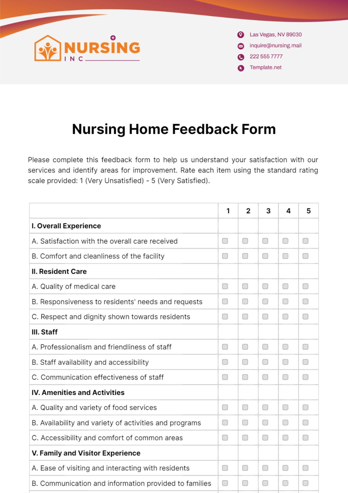 Nursing Home Feedback Form Template