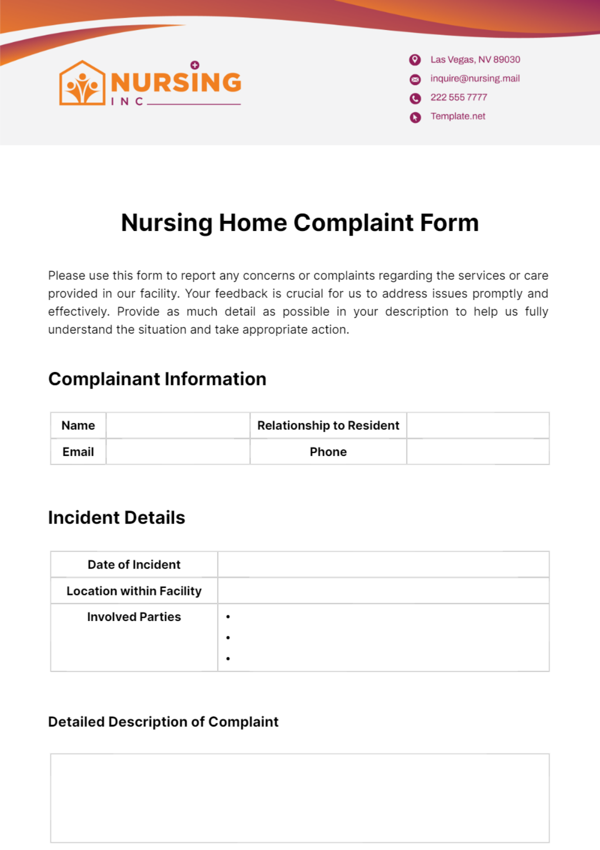 Nursing Home Complaint Form Template