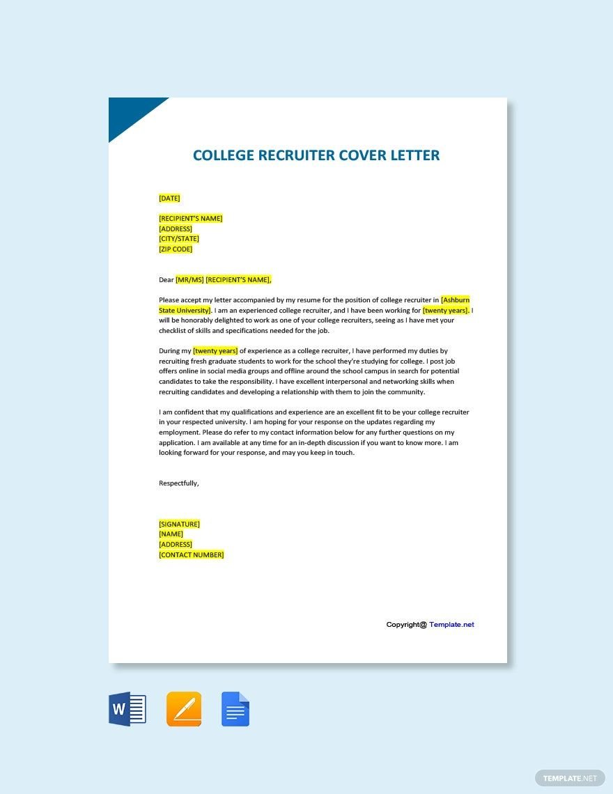 College Recruiter Cover Letter in Word, Google Docs, PDF, Apple Pages