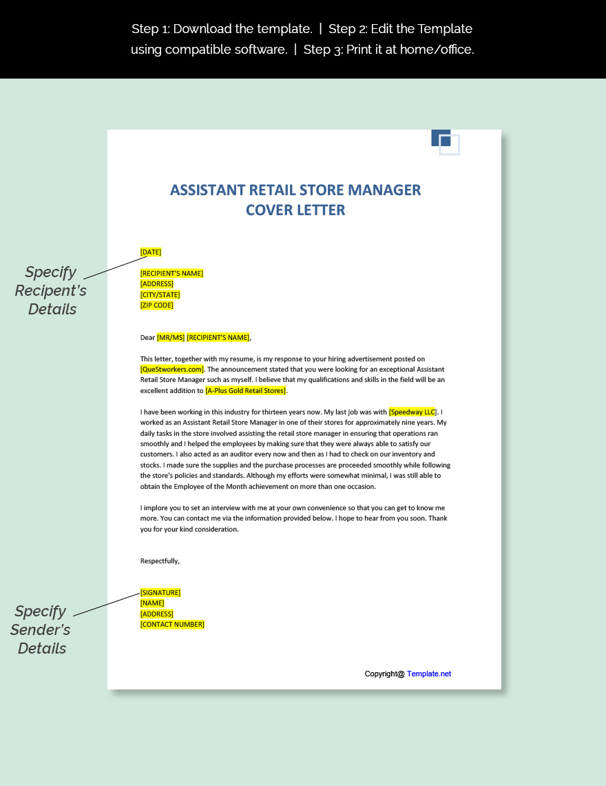 Assistant Retail Store Manager Cover Letter
