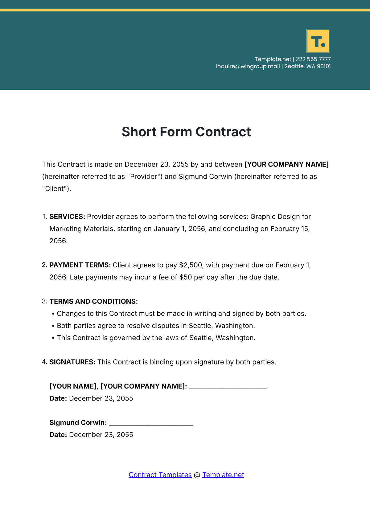 Short Form Contract Template - Edit Online & Download