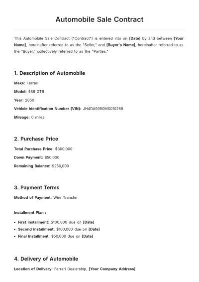 Free Automobile Sale Contract Template to Edit Online