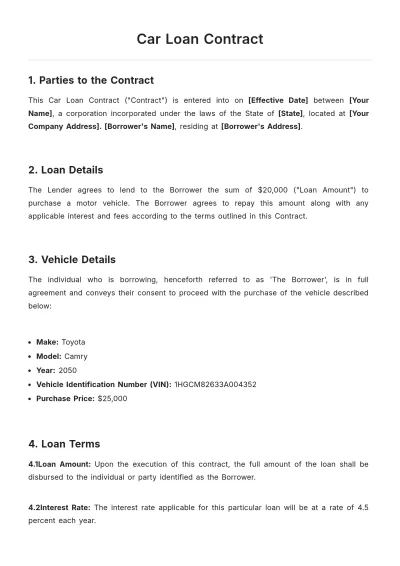 Free Car Loan Contract Template to Edit Online