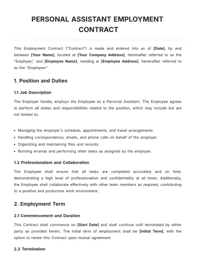 Free Personal Assistant Employment Contract Template to Edit Online