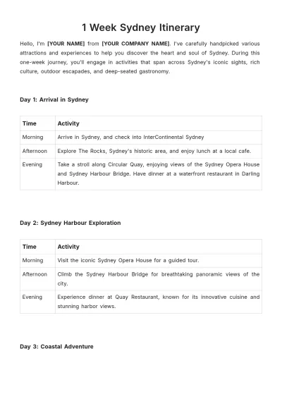 Free 1 Week Sydney Itinerary Template to Edit Online