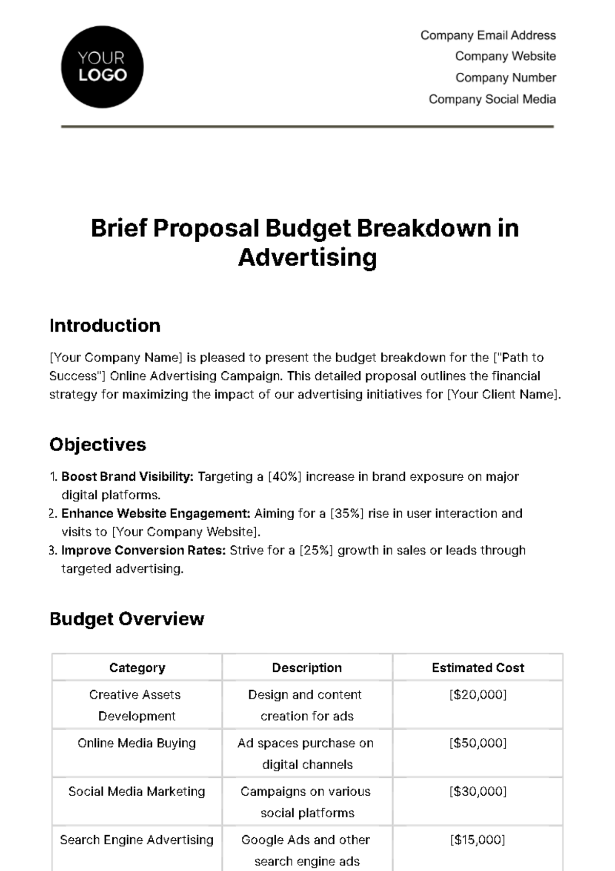 Free Brief Proposal Budget Breakdown in Advertising Template