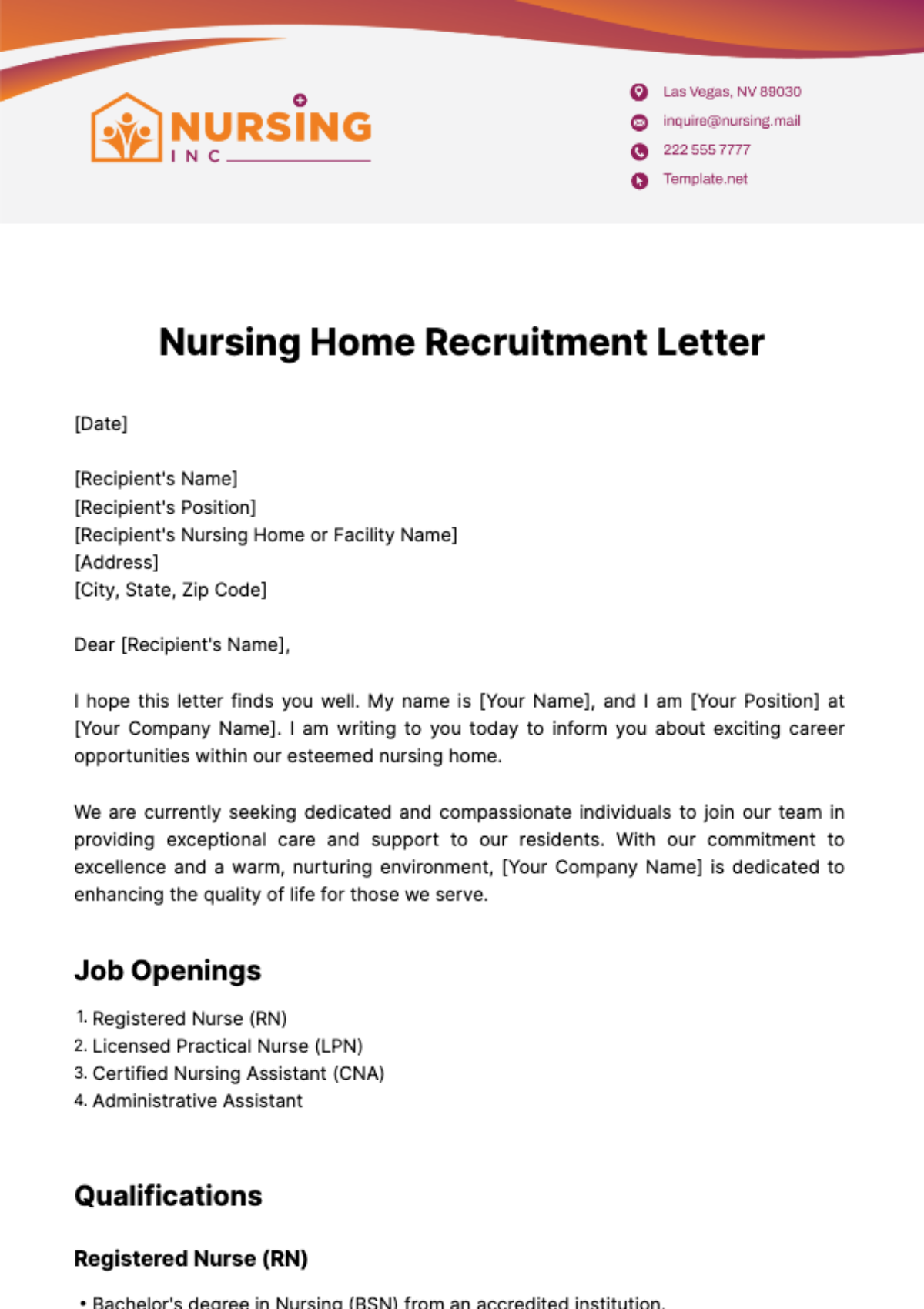 Free Nursing Home Recruitment Letter Template