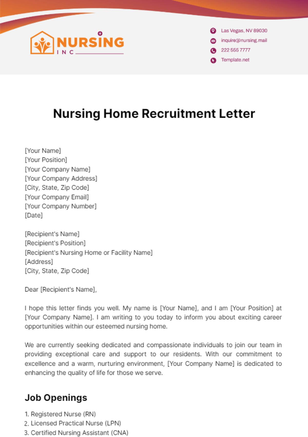 Nursing Home Recruitment Letter Template