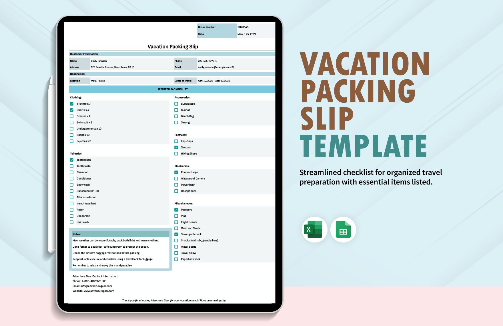 Vacation Packing Slip Template in Excel, Google Sheets