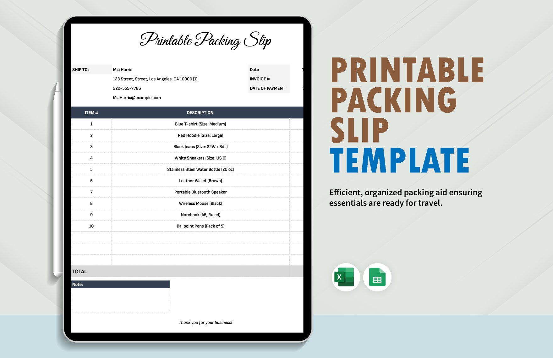 Printable Packing Slip Template in Excel, Google Sheets