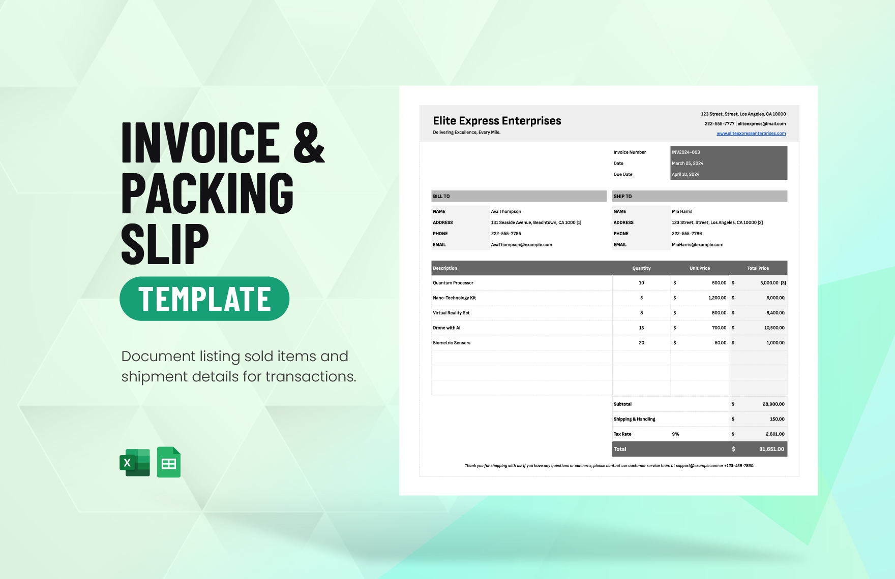 Invoice and Packing Slip Template in Excel, Google Sheets