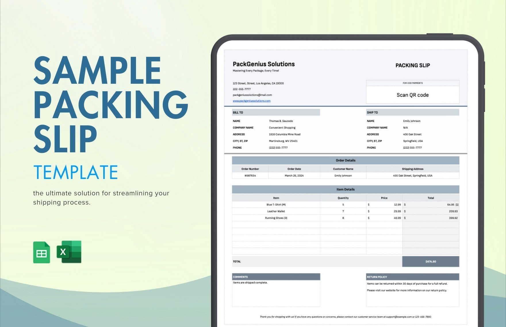 Sample Packing Slip Template in Excel, Google Sheets