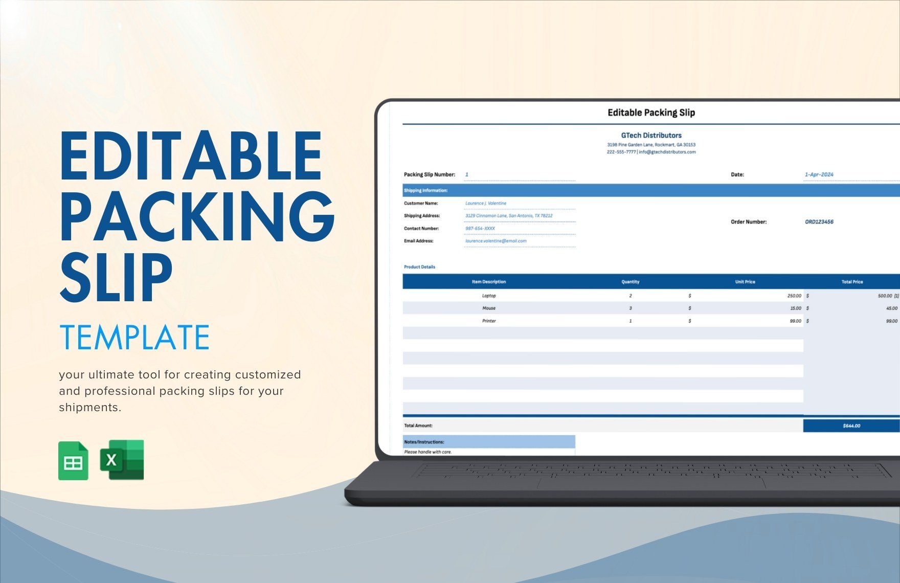 Editable Packing Slip Template in Excel, Google Sheets