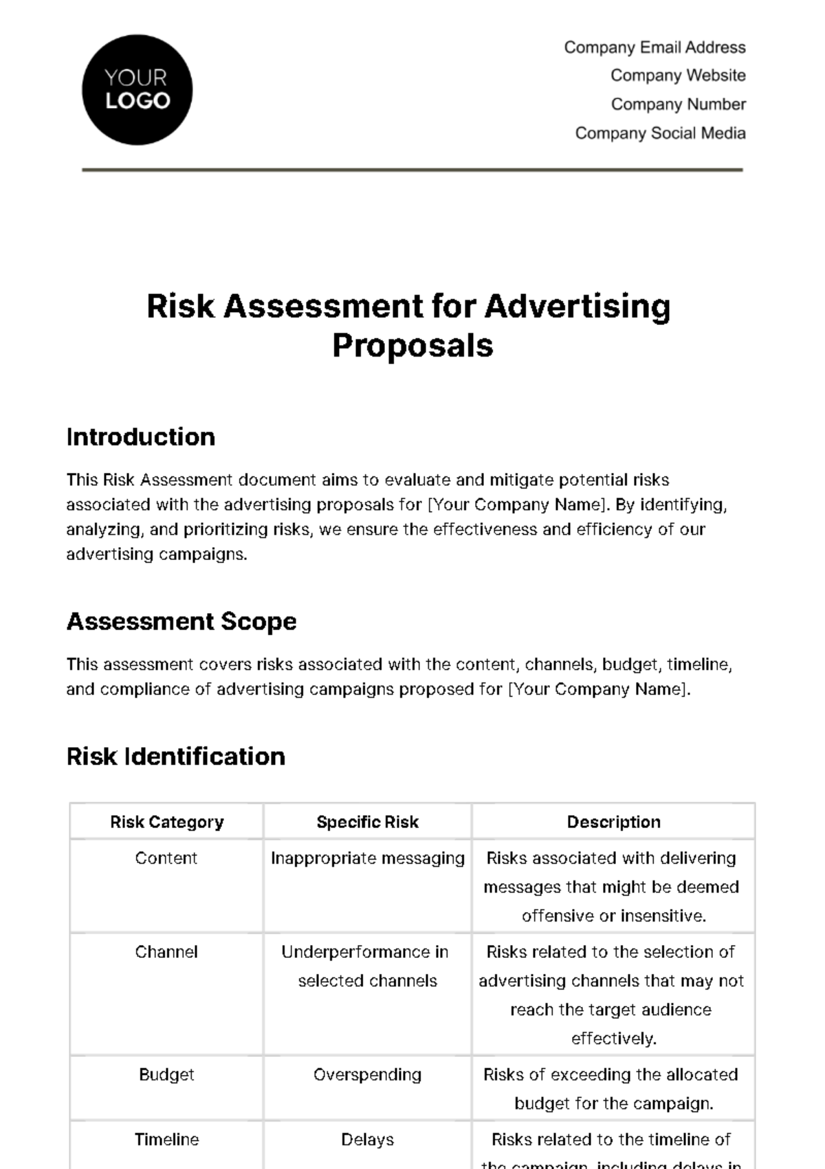 Free Risk Assessment for Advertising Proposals Template