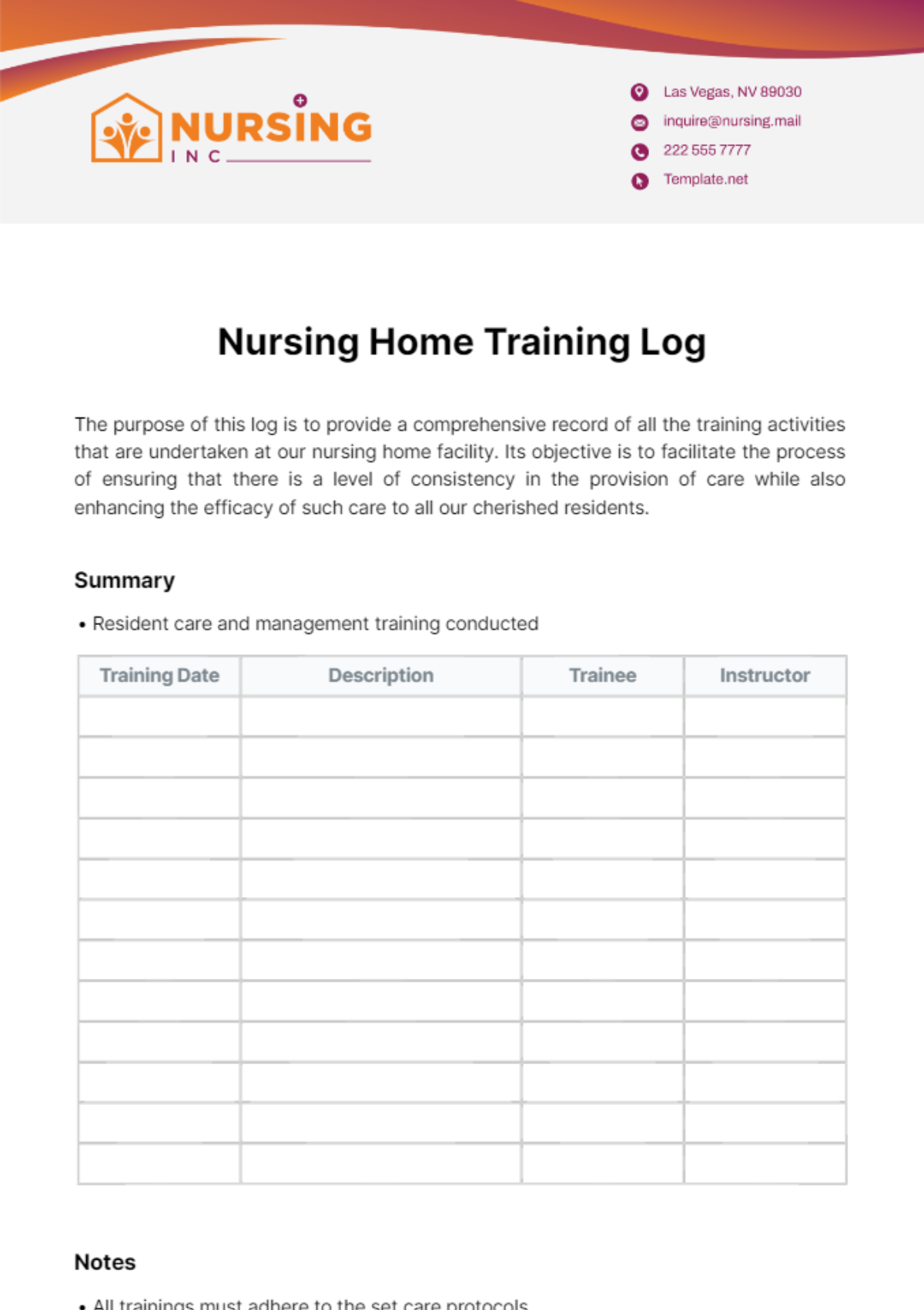 Nursing Home Training Log Template