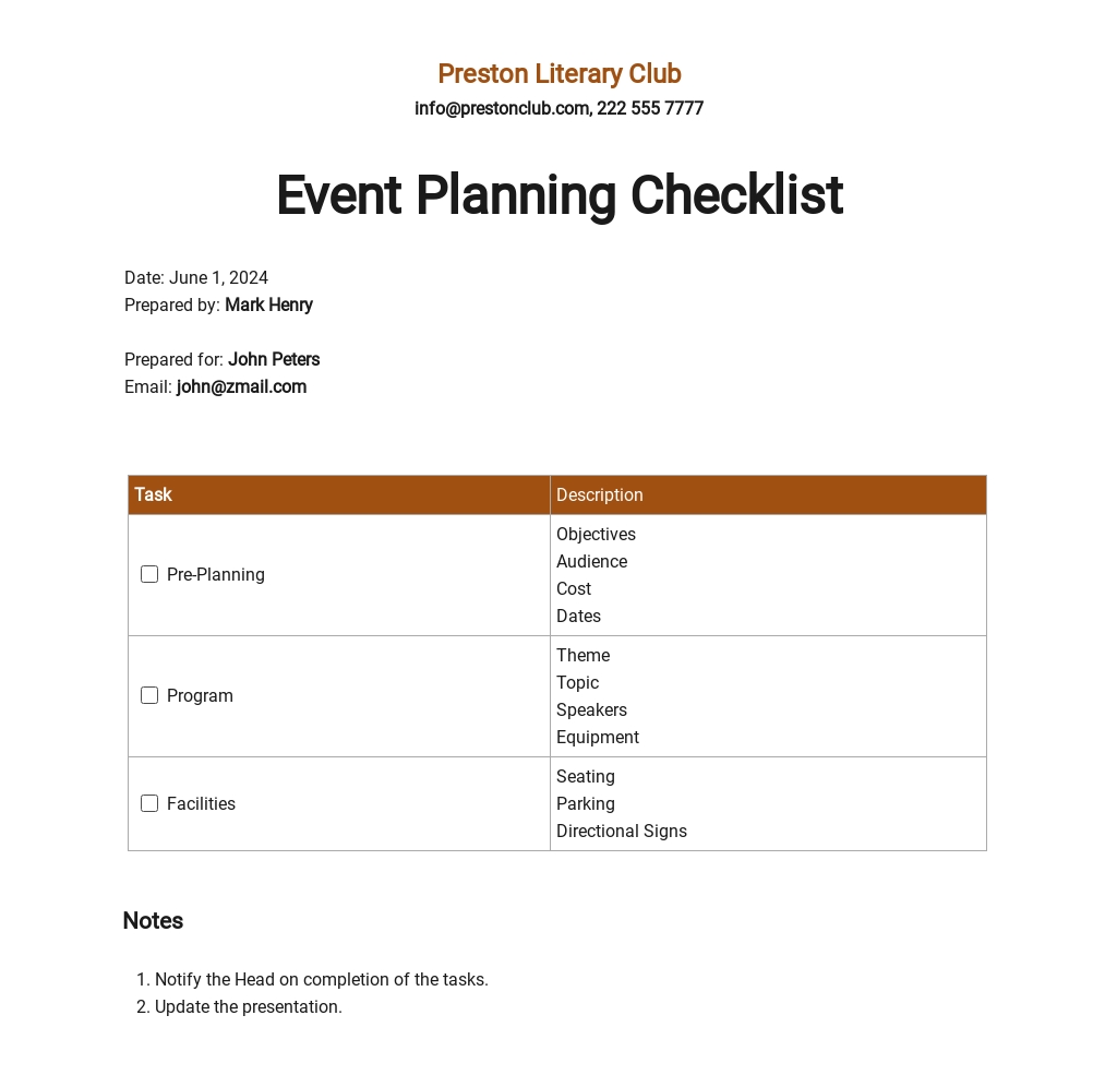 event management party planning checklist template