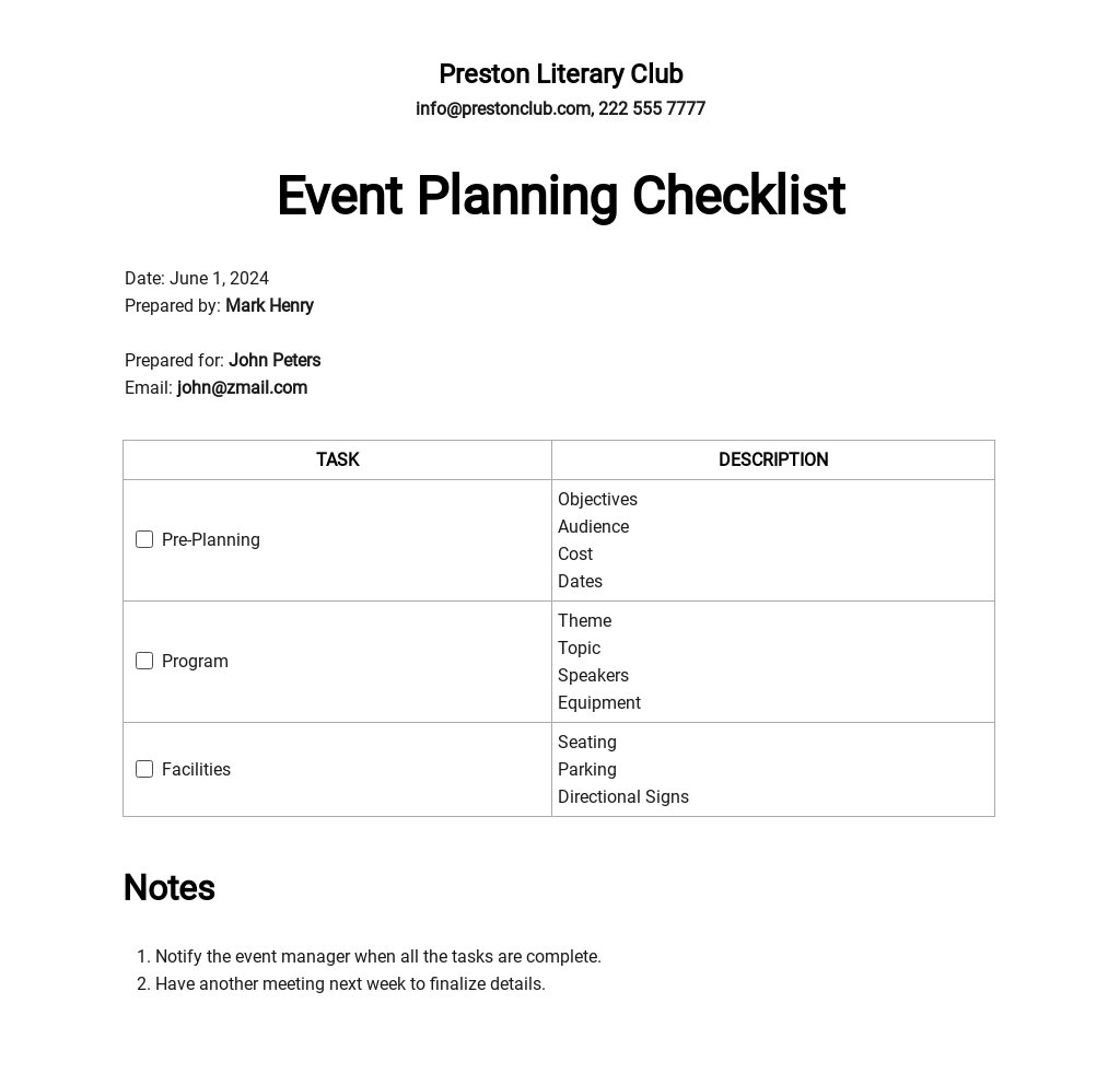 Planning Event Template