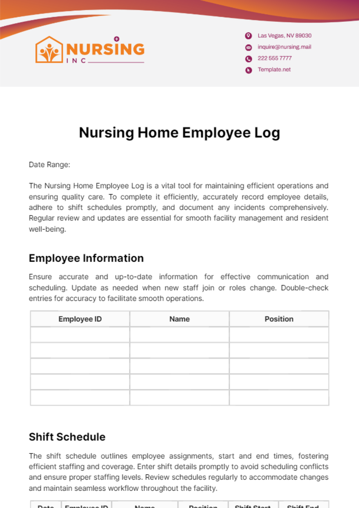 Nursing Home Employee Log Template
