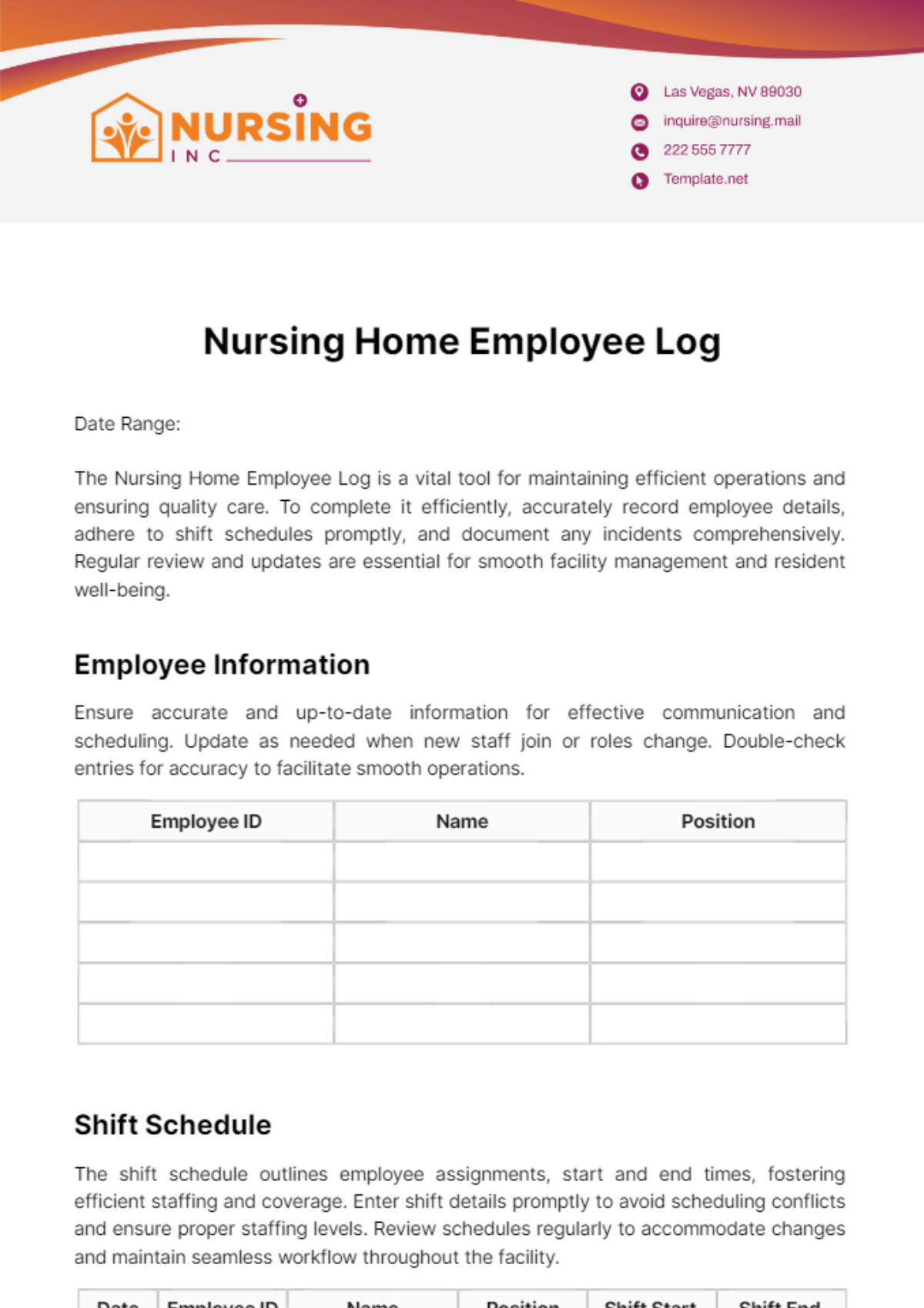 Nursing Home Employee Log Template - Edit Online & Download