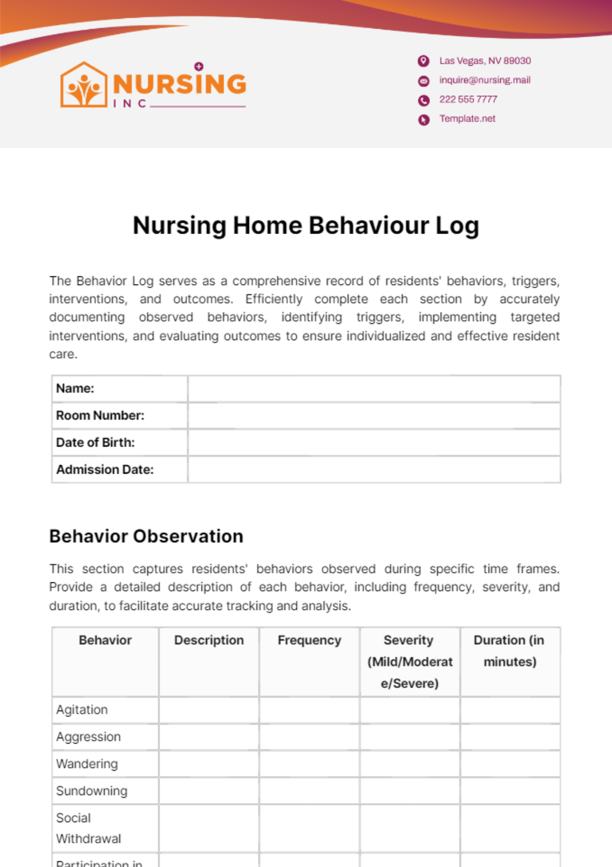 Nursing Home Behaviour Log Template