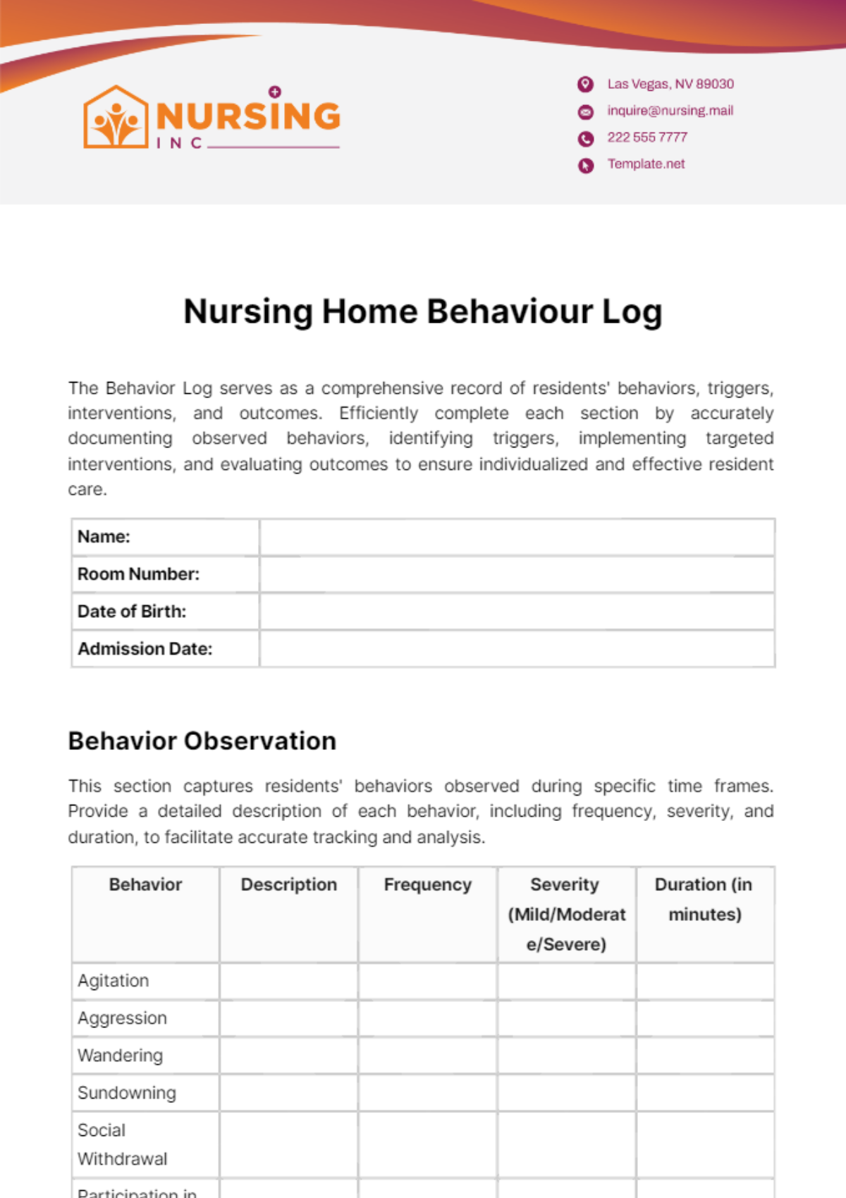 Nursing Home Behaviour Log Template - Edit Online & Download