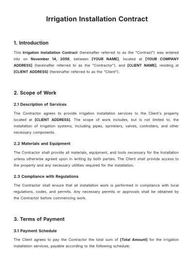 Free Irrigation Installation Contract Template to Edit Online