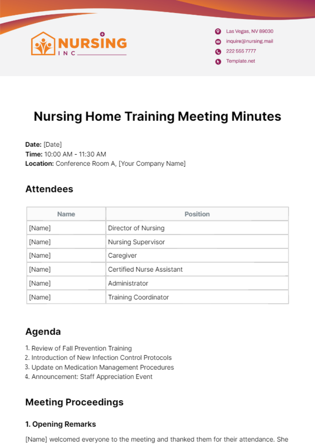 Nursing Home Training Meeting Minutes Template