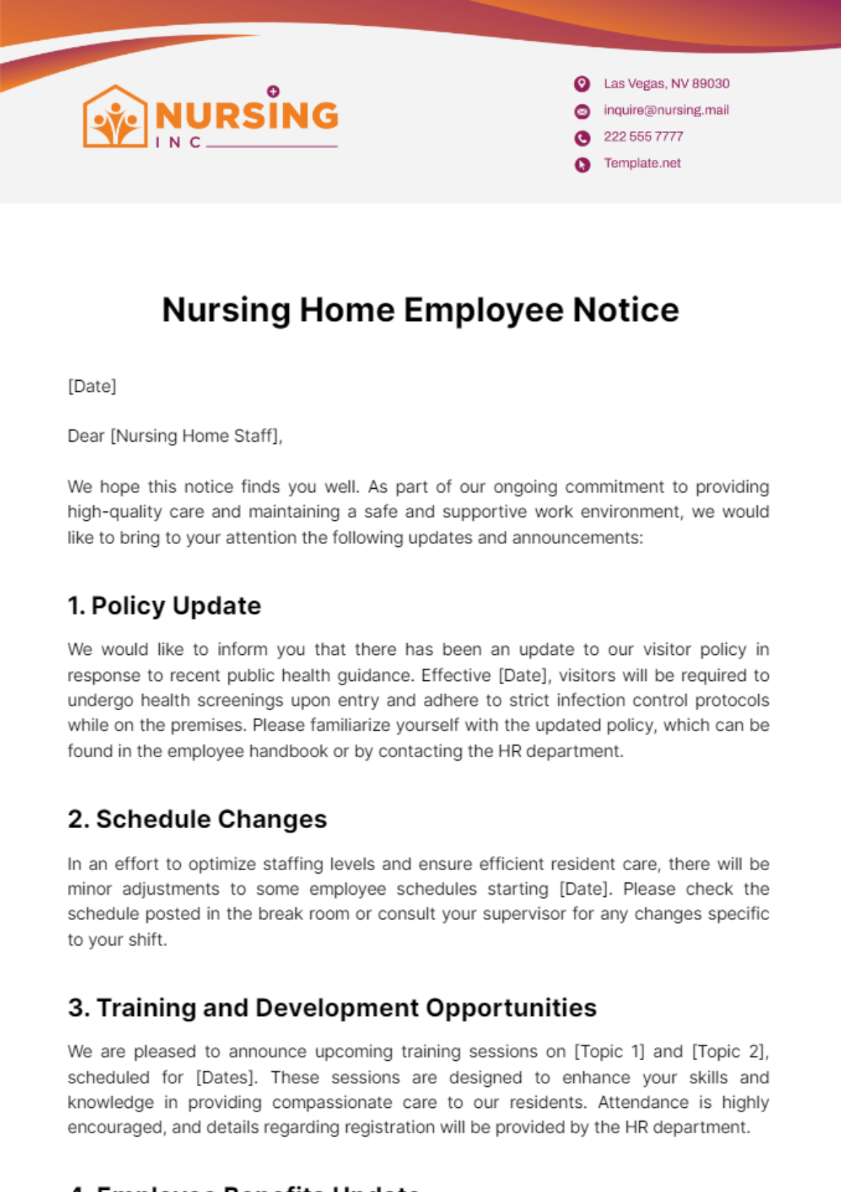 Nursing Home Employee Notice Template